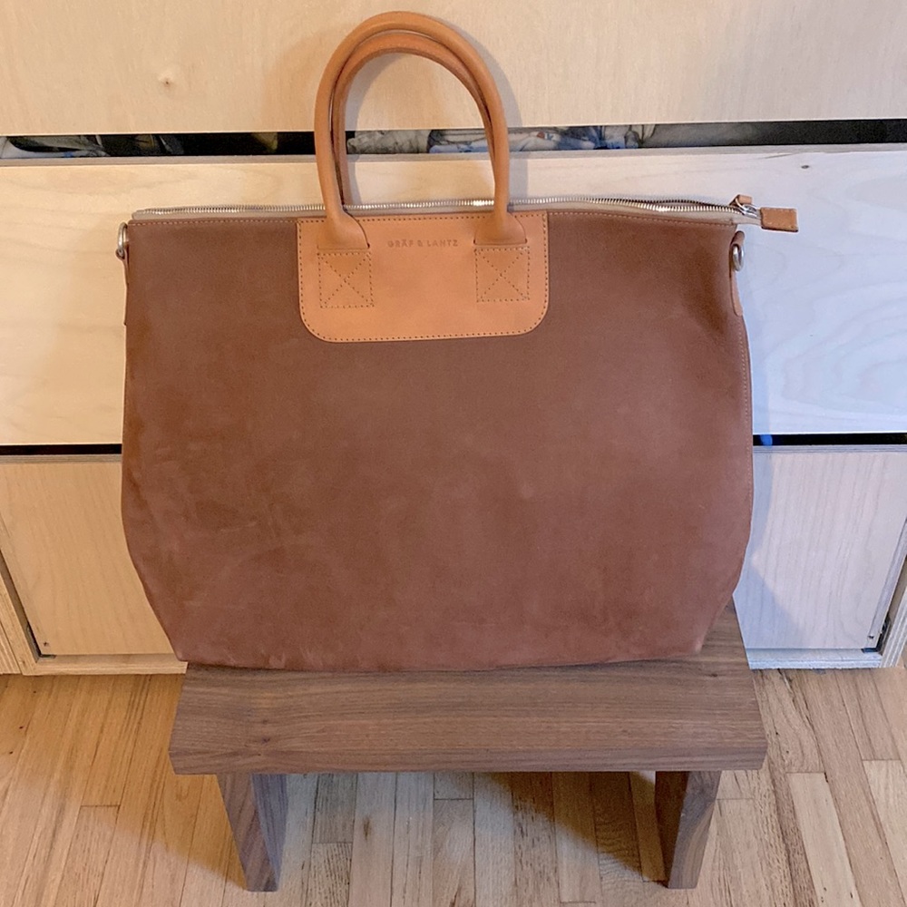 Gräf & Lantz brown suede leather tote bag. Tan leather trim. Like new.